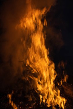 Gece kamp ateşi alevleri. Siyah bir zemin üzerine alevler ateş