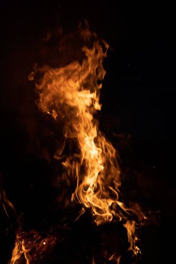 Gece kamp ateşi alevleri. Siyah bir zemin üzerine alevler ateş