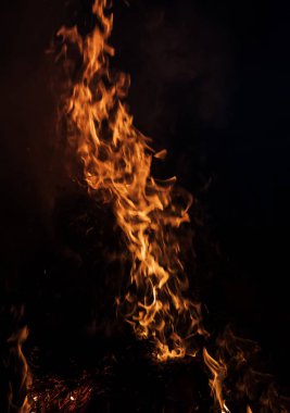 Gece kamp ateşi alevleri. Siyah bir zemin üzerine alevler ateş