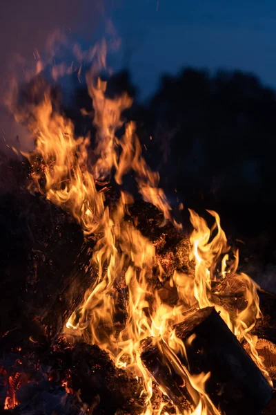 Flammen Eines Lagerfeuers Der Nacht Flammen Auf Schwarzem Hintergrund — Stockfoto