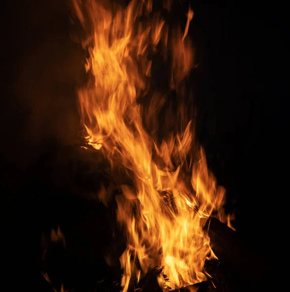 Φλόγες Του Ένα Campfire Βράδυ Φωτιά Φλόγες Μαύρο Φόντο — Φωτογραφία Αρχείου