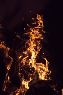Gece şenlik ateşi alevleri. Siyah bir zemin üzerine alevler ateş