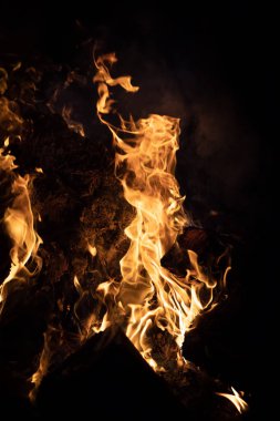 Gece şenlik ateşi alevleri. Siyah bir zemin üzerine alevler ateş