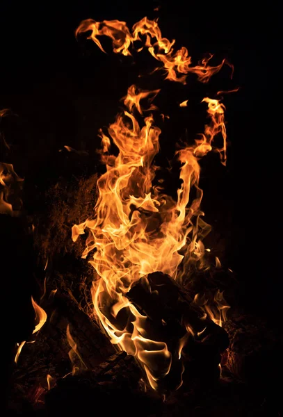 夜の焚き火の炎 黒の背景に火炎 — ストック写真