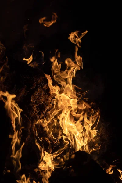 Fiamme Falò Nella Notte Fuoco Fiamme Uno Sfondo Nero — Foto Stock