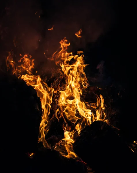 Fiamme Falò Nella Notte Fuoco Fiamme Uno Sfondo Nero — Foto Stock