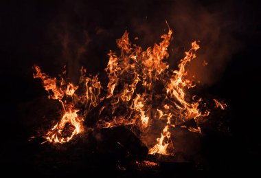 Yangın, şenlik ateşi, kamp ateşi. Gece şenlik ateşi alevleri. Siyah bir zemin üzerine alevler ateş