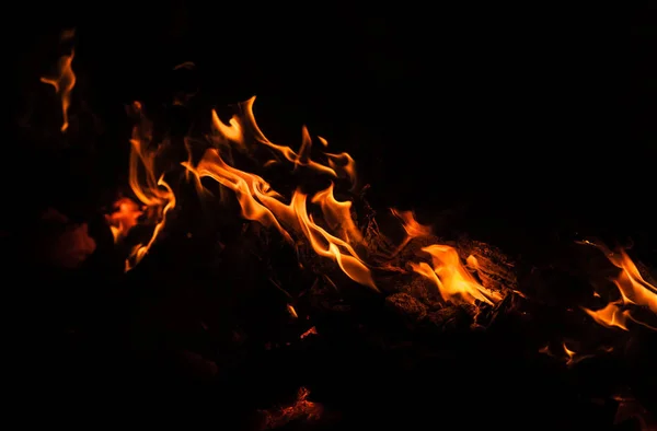 たき火 キャンプファイヤー 夜の焚き火の炎 黒の背景に火炎 — ストック写真