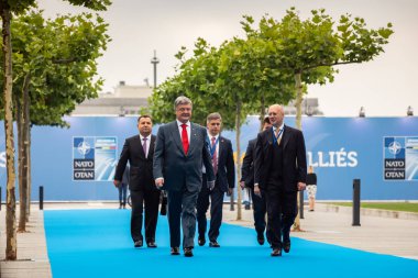 Brussels, Belçika - 12 Temmuz 2018: Ukrayna Cumhurbaşkanı Petro Poroshenko Brüksel'deki Nato askeri İttifak'ın zirvesinde