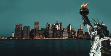 New York sembollerin. Manhattan siluetinin ve özgürlük, New York City heykeli