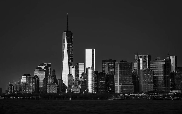 Black and white image of New York City Morning. View of Manhattan skyline in NYC