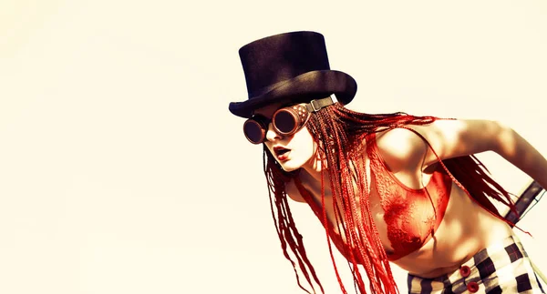 Glamorous Girl Scarlet Dreadlocks Red Swimsuit Black Hat Welding Glasses — Stock Photo, Image