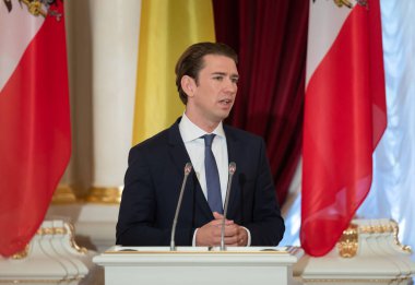 Kiev, Ukrayna - Eyl 04, 2018: Federal Şansölye, Cumhuriyeti, Avusturya Sebastian Kurz bir toplantı sırasında Ukrayna Cumhurbaşkanı Petro Poroshenko ile