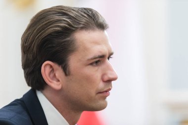 Kiev, Ukrayna - Eyl 04, 2018: Federal Şansölye, Cumhuriyeti, Avusturya Sebastian Kurz bir toplantı sırasında Ukrayna Cumhurbaşkanı Petro Poroshenko ile