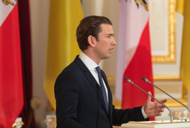 Kiev, Ukrayna - Eyl 04, 2018: Federal Şansölye, Cumhuriyeti, Avusturya Sebastian Kurz bir toplantı sırasında Ukrayna Cumhurbaşkanı Petro Poroshenko ile