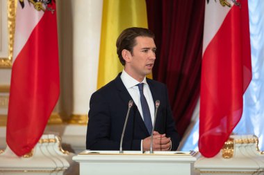 Kiev, Ukrayna - Eyl 04, 2018: Federal Şansölye, Cumhuriyeti, Avusturya Sebastian Kurz bir toplantı sırasında Ukrayna Cumhurbaşkanı Petro Poroshenko ile