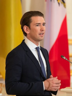 Kiev, Ukrayna - Eyl 04, 2018: Federal Şansölye, Cumhuriyeti, Avusturya Sebastian Kurz bir toplantı sırasında Ukrayna Cumhurbaşkanı Petro Poroshenko ile