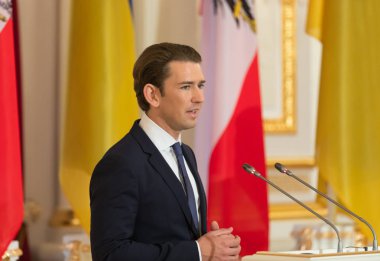 Kiev, Ukrayna - Eyl 04, 2018: Federal Şansölye, Cumhuriyeti, Avusturya Sebastian Kurz bir toplantı sırasında Ukrayna Cumhurbaşkanı Petro Poroshenko ile