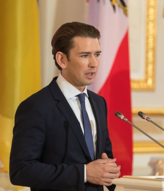 Kiev, Ukrayna - Eyl 04, 2018: Federal Şansölye, Cumhuriyeti, Avusturya Sebastian Kurz bir toplantı sırasında Ukrayna Cumhurbaşkanı Petro Poroshenko ile