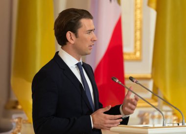 Kiev, Ukrayna - Eyl 04, 2018: Federal Şansölye, Cumhuriyeti, Avusturya Sebastian Kurz bir toplantı sırasında Ukrayna Cumhurbaşkanı Petro Poroshenko ile