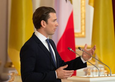 Kiev, Ukrayna - Eyl 04, 2018: Federal Şansölye, Cumhuriyeti, Avusturya Sebastian Kurz bir toplantı sırasında Ukrayna Cumhurbaşkanı Petro Poroshenko ile