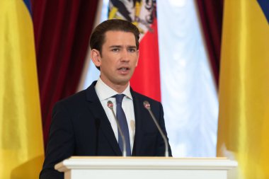Kiev, Ukrayna - Eyl 04, 2018: Federal Şansölye, Cumhuriyeti, Avusturya Sebastian Kurz bir toplantı sırasında Ukrayna Cumhurbaşkanı Petro Poroshenko ile