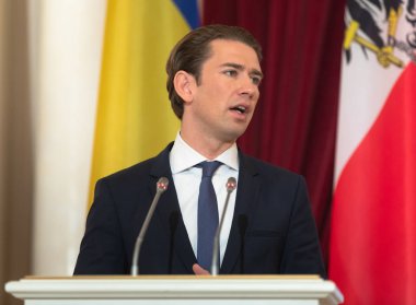 Kiev, Ukrayna - Eyl 04, 2018: Federal Şansölye, Cumhuriyeti, Avusturya Sebastian Kurz bir toplantı sırasında Ukrayna Cumhurbaşkanı Petro Poroshenko ile