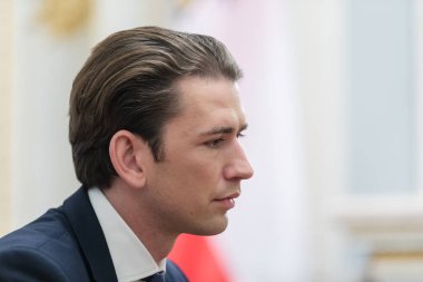 Kiev, Ukrayna - Eyl 04, 2018: Federal Şansölye, Cumhuriyeti, Avusturya Sebastian Kurz bir toplantı sırasında Ukrayna Cumhurbaşkanı Petro Poroshenko ile