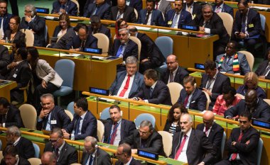 New York, ABD - Eylül 25, 2018: Başkan, Ukrayna Petro Poroshenko 73th oturumu New York'ta BM Genel Kurulu,