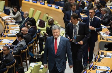 New York, ABD - Eylül 25, 2018: Başkan, Ukrayna Petro Poroshenko 73th oturumu New York'ta BM Genel Kurulu,