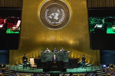 New York, ABD - Eylül 25, 2018: Başkan, Ukrayna Petro Poroshenko 73th oturumu New York'ta BM Genel Kurulu,