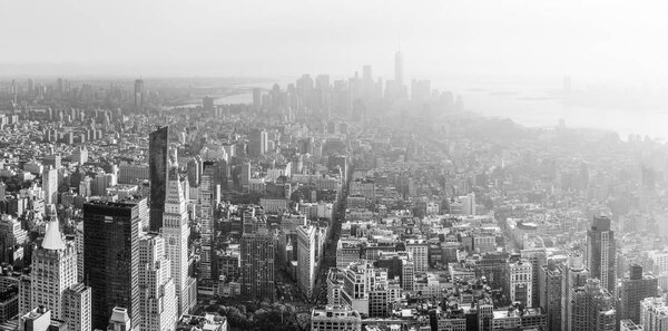 New York, USA - Sep 17, 2017: Black and white image of Manhattan streets and roofs. New York City skyline. Manhattan viewed from Empire State Building