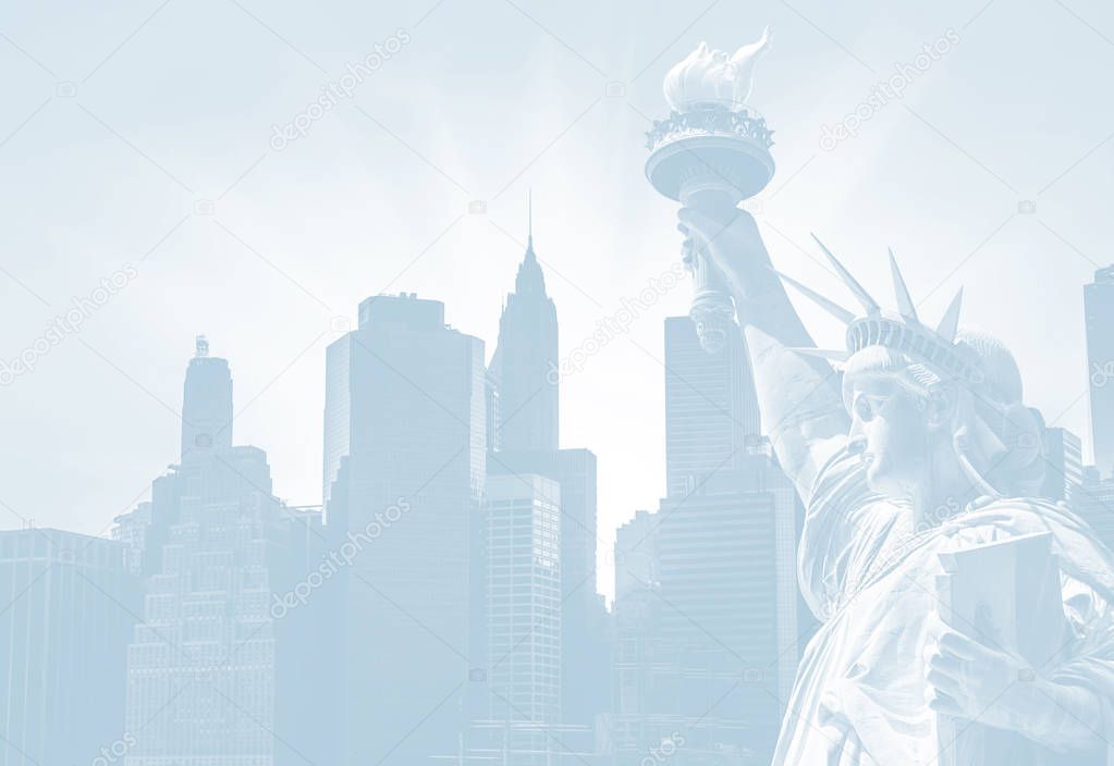 Light blue image of the symbols of New York. Manhattan Skyline and The Statue of Liberty