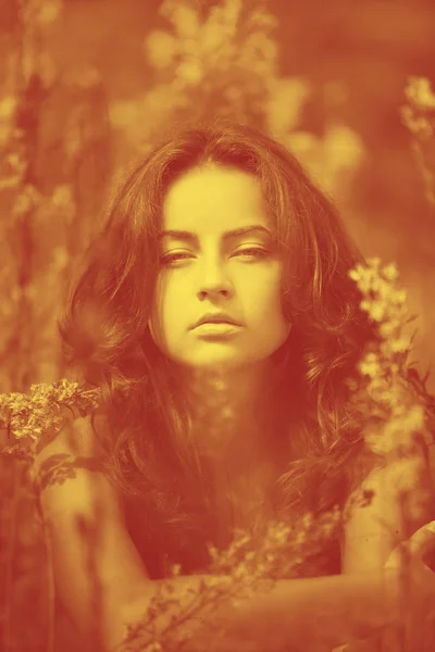 Duotone Yellow Red Image Young Woman Wild Flowers Background — Stock Photo, Image