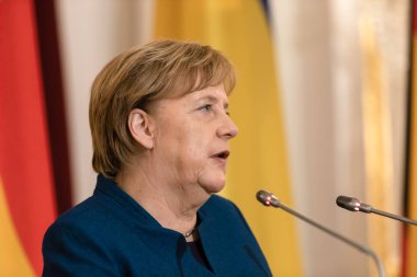 Kiev, Ukrayna - 01 Kasım 2018: Federal Şansölye, Federal Cumhuriyeti ile Almanya Angela Merkel görüşmede Cumhurbaşkanı Ukrayna Petro Poroshenko ile