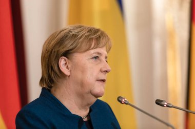 Kiev, Ukrayna - 01 Kasım 2018: Federal Şansölye, Federal Cumhuriyeti ile Almanya Angela Merkel görüşmede Cumhurbaşkanı Ukrayna Petro Poroshenko ile