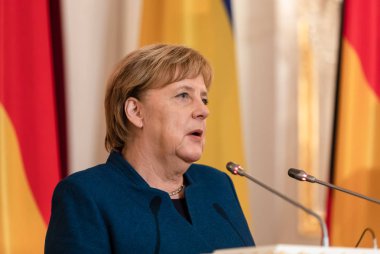 Kiev, Ukrayna - 01 Kasım 2018: Federal Şansölye, Federal Cumhuriyeti ile Almanya Angela Merkel görüşmede Cumhurbaşkanı Ukrayna Petro Poroshenko ile