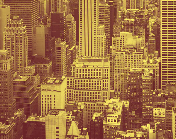 NEW YORK, USA - May 03, 2016: Streets and roofs of Manhattan in duoton. New York City skyline. Birds eye view of Manhattan