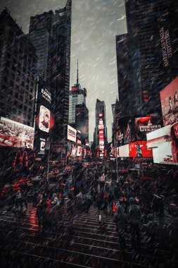 New York, Amerika Birleşik Devletleri - 30 Nisan 2016: yağmurlu akşam Times Meydanı. Parlak reklam panoları ve reklamlar ile süslenmiş, Times Square bazen Crossroads ve dünya kalp adlandırılır