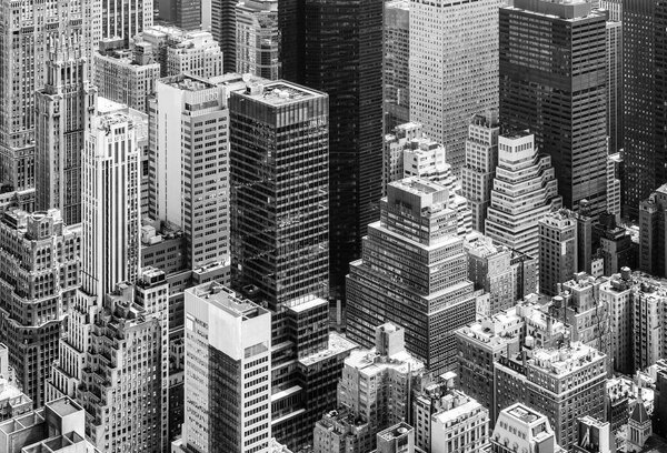 NEW YORK, USA - Apr 30, 2016: Black and white image of New York City skyscrapers viewed from top of Empire State Building. Birds eye view.