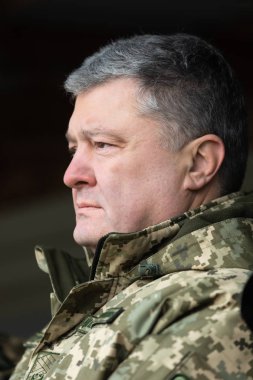 Zhytomyr Reg, Ukrayna - 21 Kasım 2018: Başkan Poroshenko Eğitim Merkezi Afu Zhytomyr bölgesi hava indirme birlikleri ziyaret etti ve askeri hava indirme birlikleri günde tebrik etti.