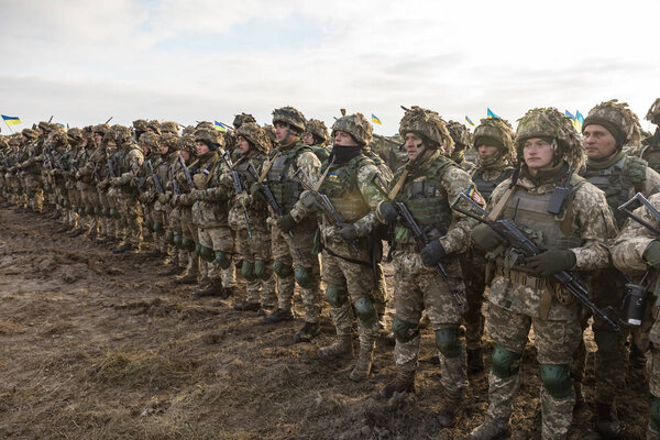 ZHYTOMYR Reg, UKRAINE - Nov. 21, 2018: Combat training at the training center of the airborne troops of the Ukrainian Armed Forces in Zhytomyr region