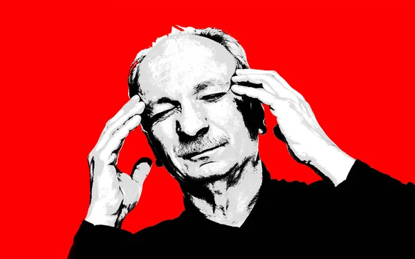 老人の頭痛に苦しんで 老人の高コントラスト画像 赤の背景に黒の白いイメージ 現代アート ポスターのスタイル イメージ — ストック写真