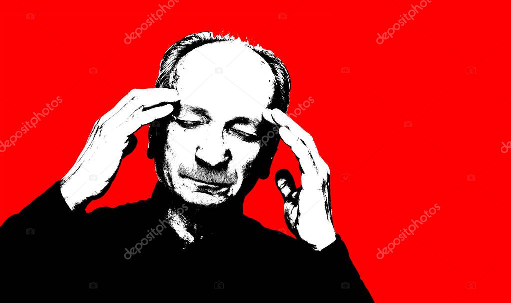 High contrast image of an elderly man. Black white image with red background. Contemporary art and poster style image.