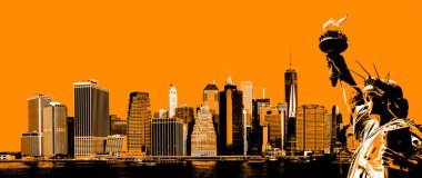 New York sembollerin. Manhattan siluetinin ve özgürlük Nyc heykeli. Çağdaş sanat ve poster tarzı resim turuncu.