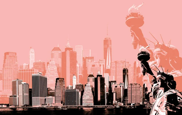 Streszczenie Obrazy Manhattanie Symbole Nowym Jorku Manhattan Skyline Statua Wolności — Zdjęcie stockowe