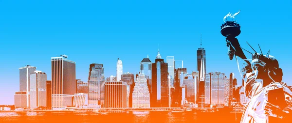 뉴욕의 기호입니다 맨해튼 스카이 자유의 신상입니다 오렌지 블루에서 그라데이션 색상으로 — 스톡 사진