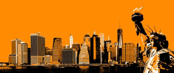 Symboler För New York Manhattan Skyline Och Staty Liberty Nyc — Stockfoto