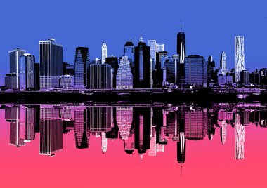 Manhattan'ın soyut resim. Sabah New York şehir silüeti panorama yansımaları ile. Çağdaş sanat ve poster stilinde pembe ve mavi