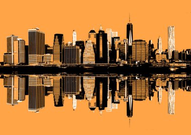 Manhattan'ın soyut resim. Sabah New York şehir silüeti panorama yansımaları ile. Turuncu çağdaş sanat ve poster tarzda